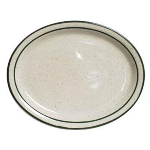 Tuxton China TSC-012 Emerald 9.5 in. x 7.5 in. Narrow Rim Oval Platter - American White with Green Speckle - 2 Dozen