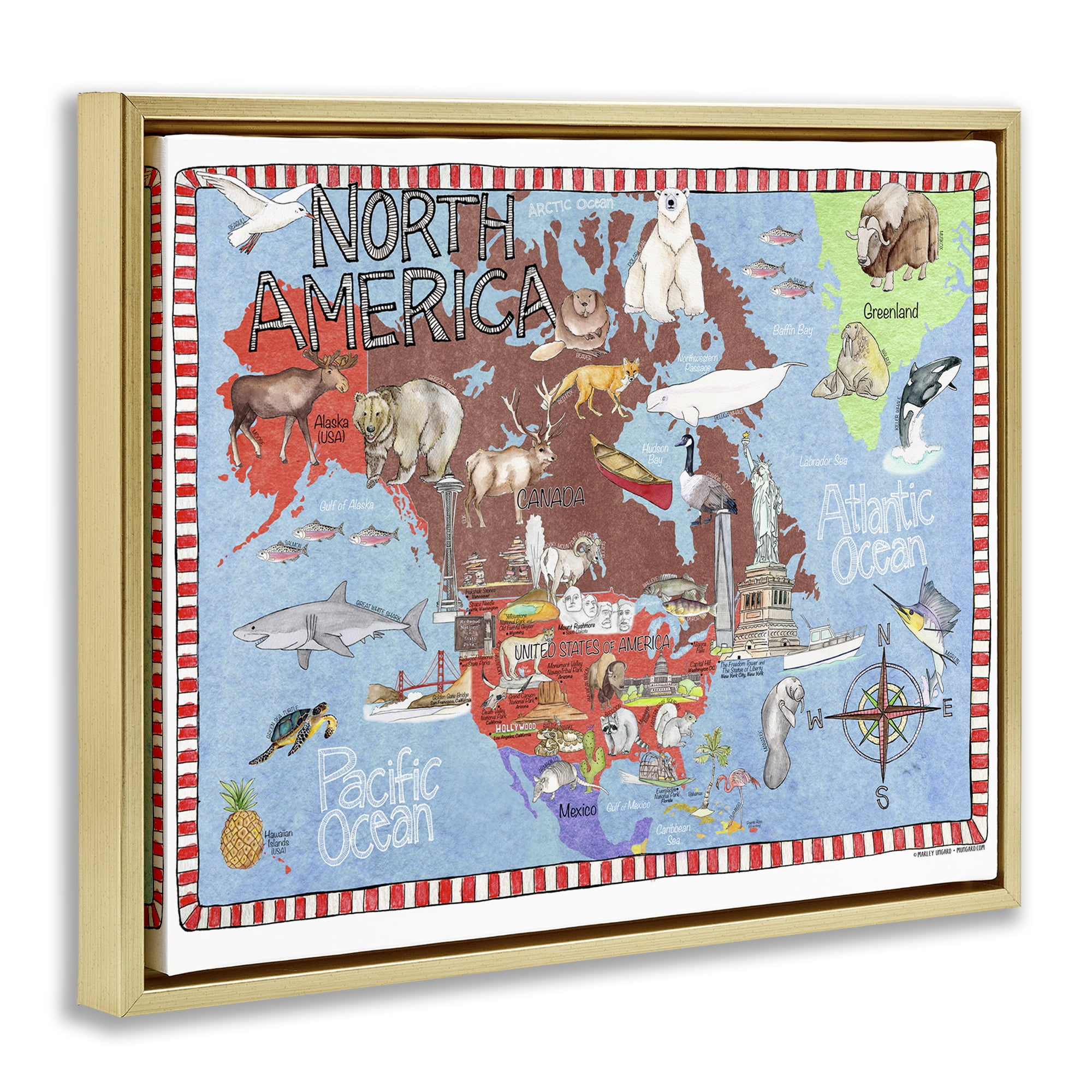Stupell Industries North America Map Town & City Painting Gold Floater Framed Art Print Wall Art, 31 x 25