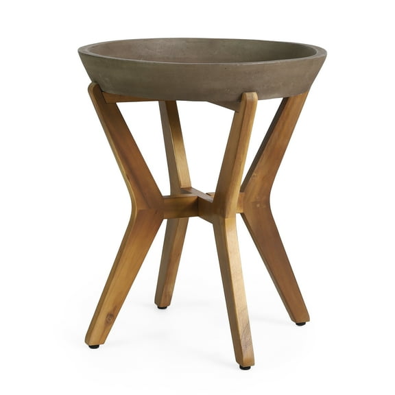 GDF Studio Hobson Outdoor Concrete and Acacia Wood Side Table, Teak and Light Gray