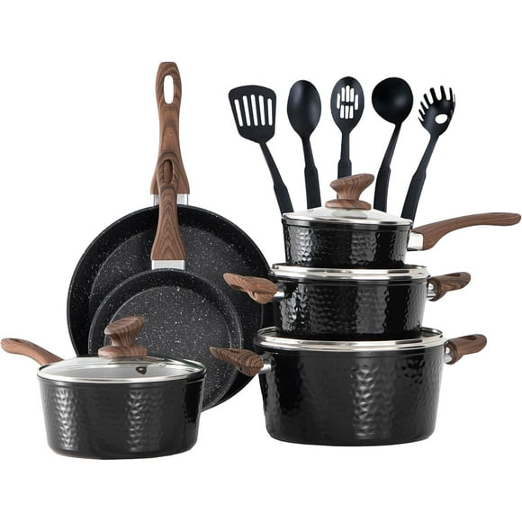 Pots and Pans Set Non Stick, 15 Pcs Non Toxic Hammered Cookware Set, Black Granite Induction Kitchen Cooking Sets