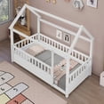 thumbnail image 3 of Twin Size Floor Wooden Bed with House Roof Frame, Fence Guardrails,Grey, 3 of 11