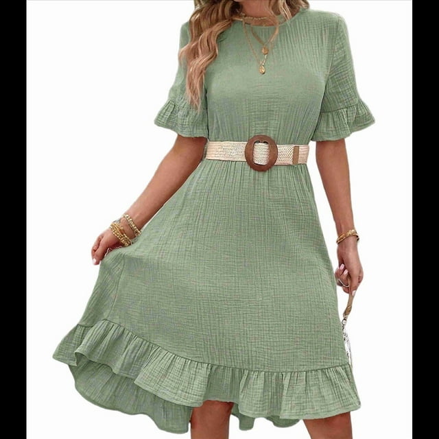 Vestidos de Mujer de Corta, Cintura Alta, Cuello Redondo, Liso, con Volantes, Verde Frijol, Talla L