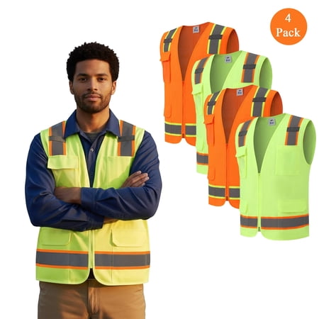 Zfeel High Visibility Safety Vest for Men 4 Pack Assorted Color Multi Pocket Vest 2XL