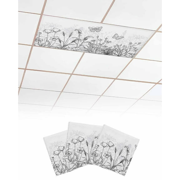 Fluorescent Light Covers for Ceiling Lights 3 Pack, Black Spring Floral Magnetic Ceiling Light Covers 2x4ft for Classroom Office School, Summer Botanical Butterfly Modern Drop Ceiling Light Shade