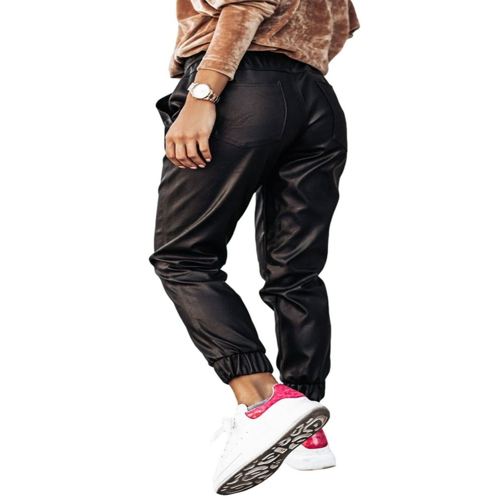 Women Faux Leather Sweatpants Drawstring Goth Punk Pants Casual Jogger Tapered Trousers with Pocket Black XL