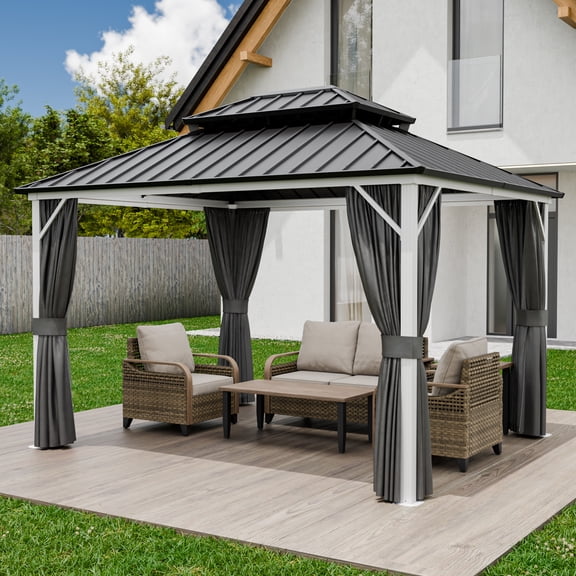 EAGLE PEAK 10'x12' Outdoor Patio Hardtop Gazebo with Aluminum Frame, Galvanized Steel Double Roof with Netting and Curtains, White/Gray