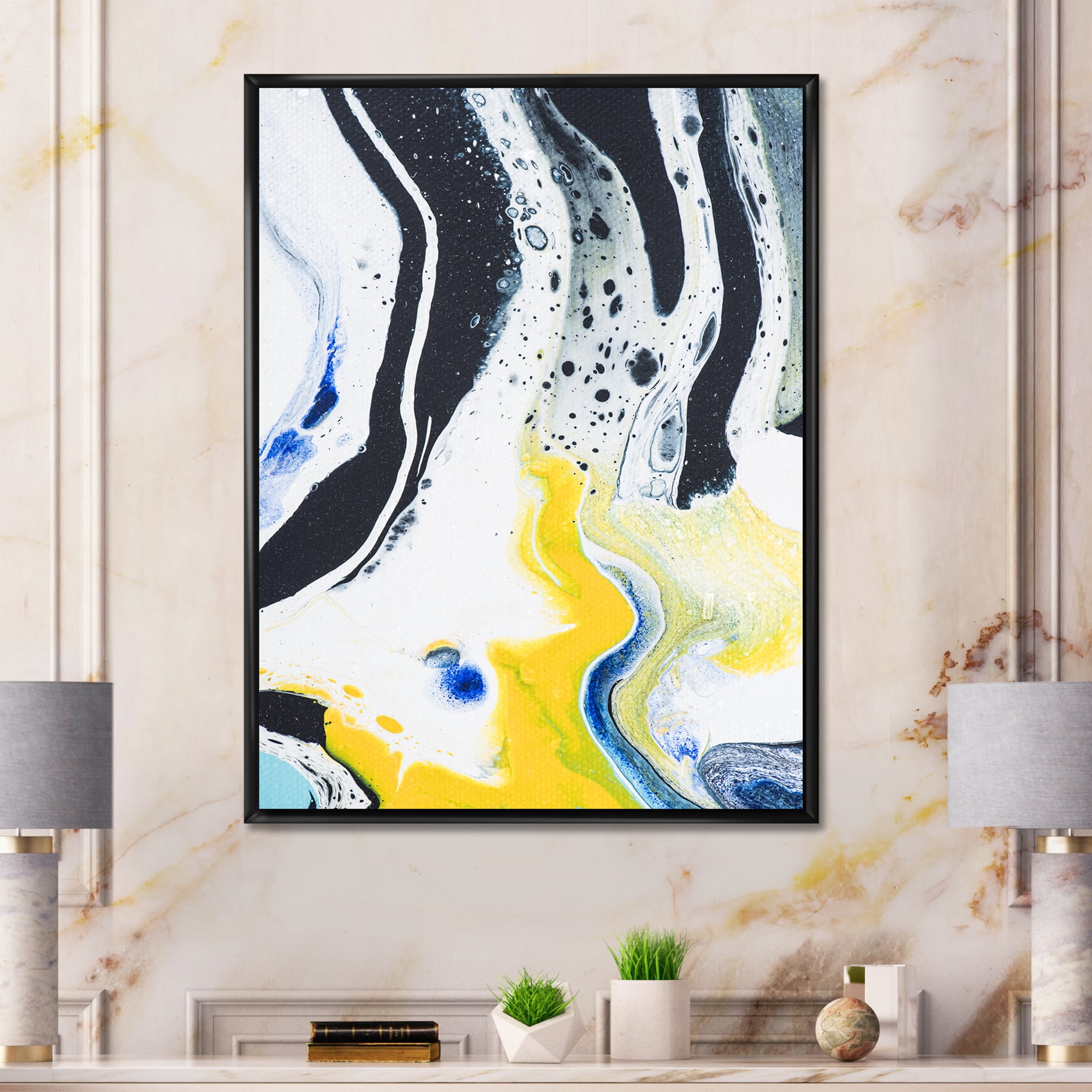 Abstract Marble Composition In Blue and Yellow IV 24 in x 32 in Framed Painting Canvas Art Print, by Designart