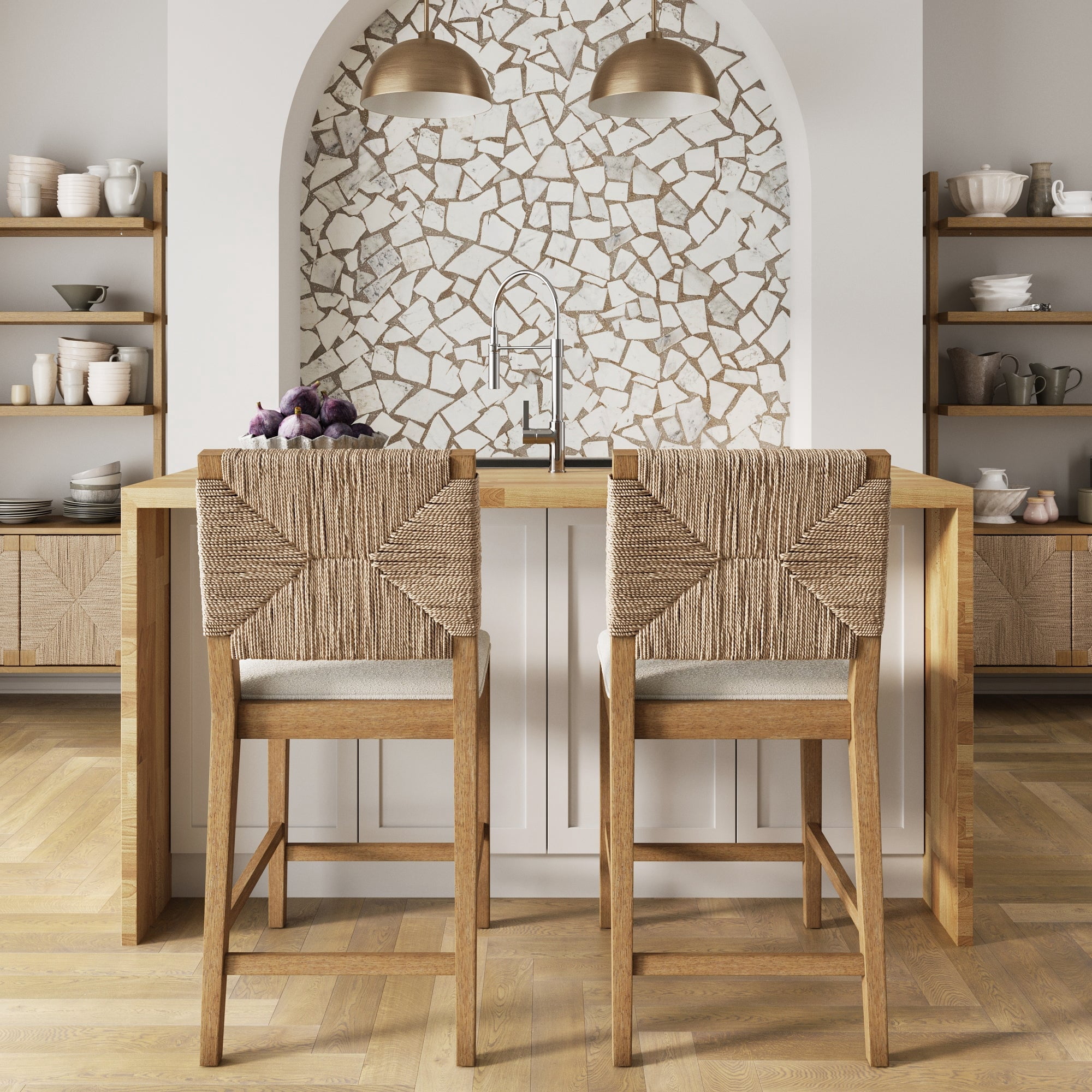 Nathan James Beacon Bohemian Boucle Bar Stool, Upholstered Counter Height Chair with Solid Wood Frame and Woven Seagrass Back for Kitchen Island, Set of 2