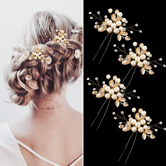 4 Pieces Bridal Wedding Hair Pins Gold Leaf Crystal Pearl Hair Pins Clips Flower Headpiece Vintage Wedding Hair Accessories for Brides Bridesmaids Women Girls