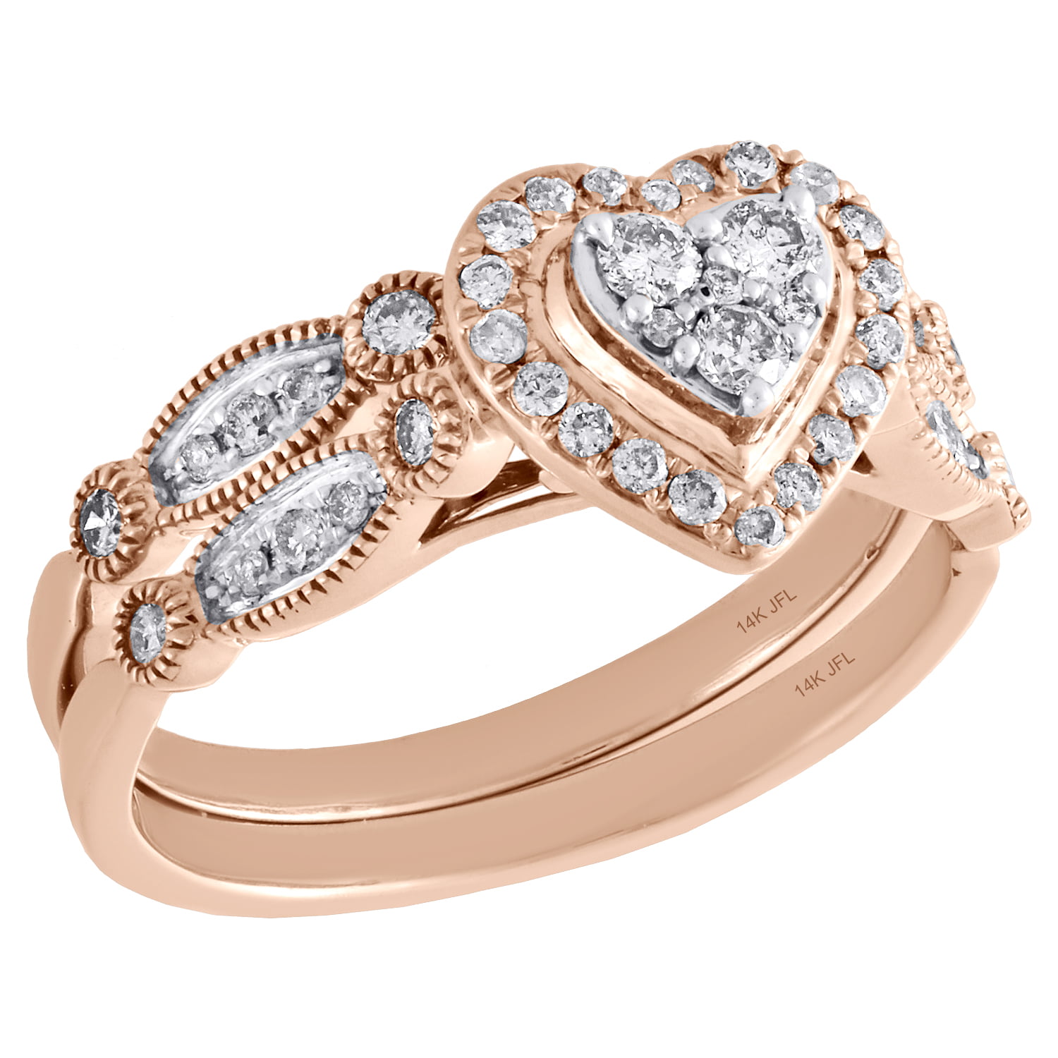 14K Rose Gold Diamond Bridal Set Heart Engagement Ring + Wedding Band 0