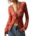 thumbnail image 3 of Button Down Shirts for Women Fall Fashion 2025 V Neck Long Sleeve Blouse Ruched Mesh Fitted Floral Print Boho Tops Red S, 3 of 8