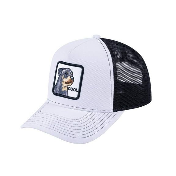 Unisex V2 Embroidered The Dog, 5-Panel Trucker Hat, White/Black, Adjustable Fit