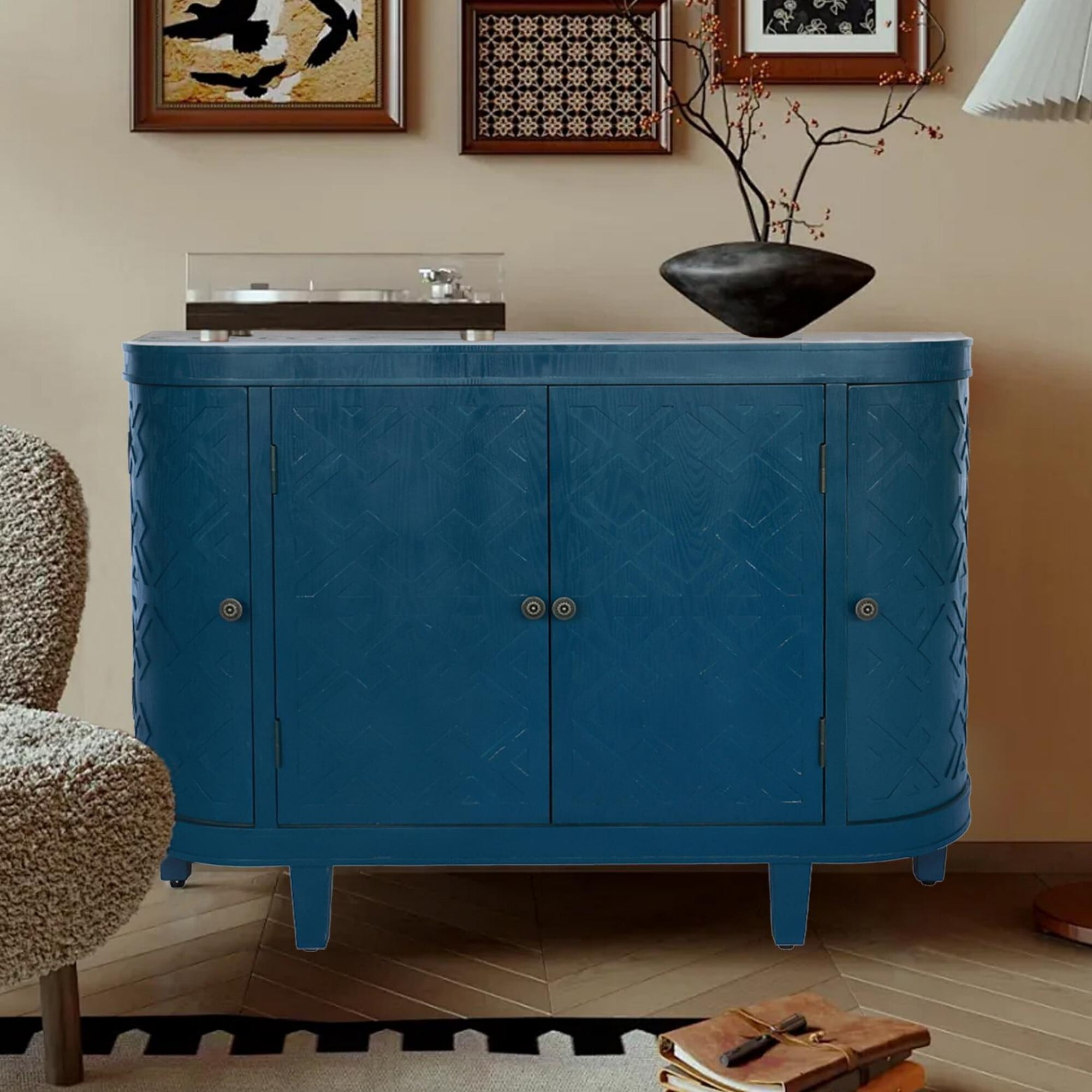 AENKYO Vintage Accent Cabinet with Carved Doors – Stylish Sideboard Buffet for Living Room & Entryway, Dark Blue
