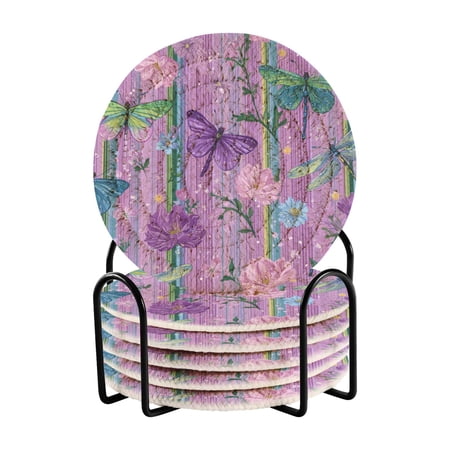 6 Pcs Drink Coasters with Holder 3.94in Woven Coasters for Drinks Beautiful Detailed Pattern Coaster Set for Protection Table