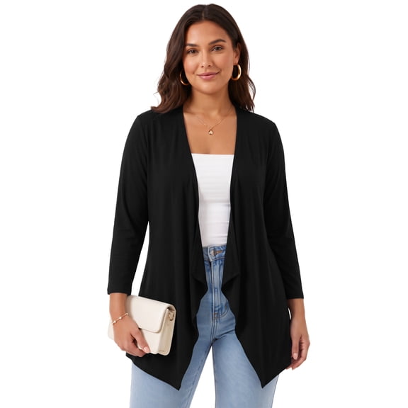 Daystry Plus Size Cardigan for Women 3/4 Sleeve Casual Open Front Light Cardigan Black-3X