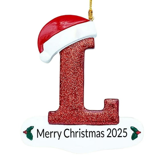 Luoshdecor Christmas Letter Ornaments 2025,Personalized Initial White Glitter Letters Hat Ornaments,Merry Christmas Pendant for Xmas Tree Wedding Home Decor (L)