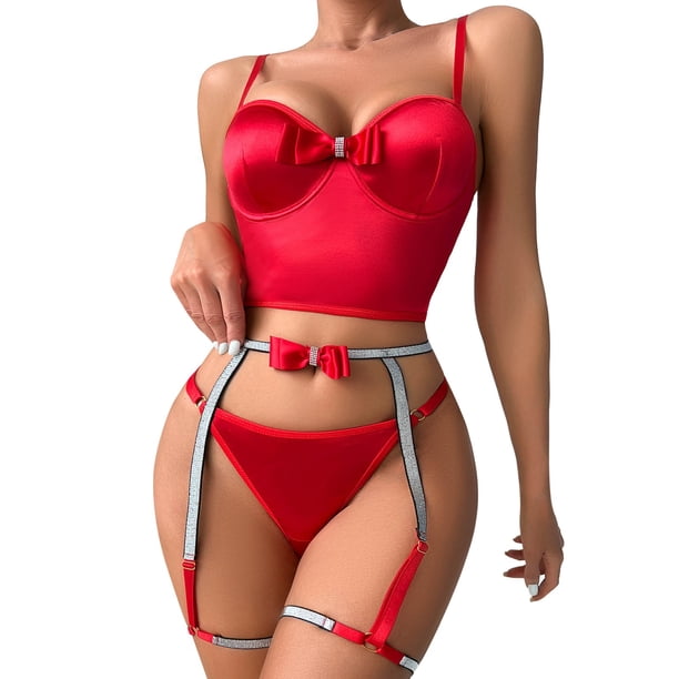 Gibobby Conjunto ropa interior mujer Conjunto de lencería for Mujer Conjunto de lencería con Liguero y corpiño de Encaje Floral(Rojo, G)