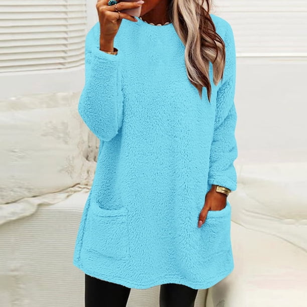 Puntoco Mujeres Cuello Redondo Otoño e Invierno Suelto Bolsillo Sólido Cálido Manga Larga Tops Puntoco Puntoco-4028