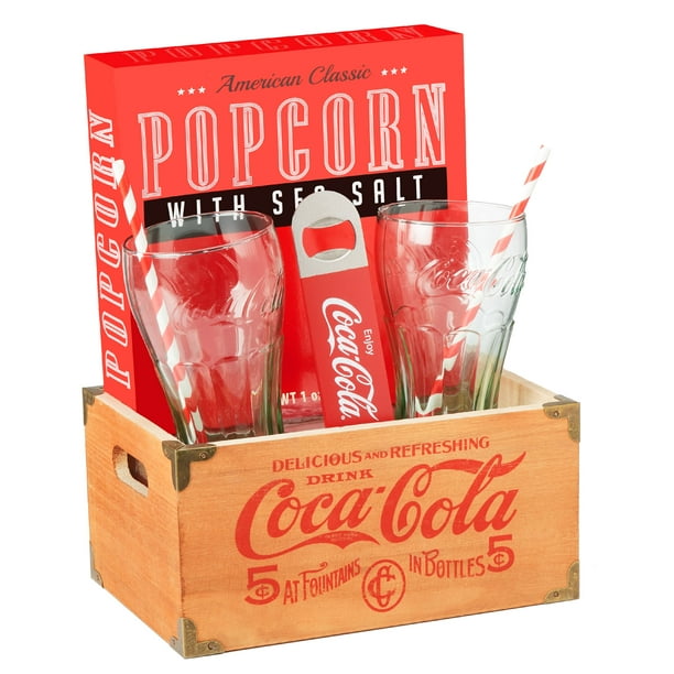 Coca Cola Wooden Crate with Glasses, Bottle Opener, Coasters, and Popcorn