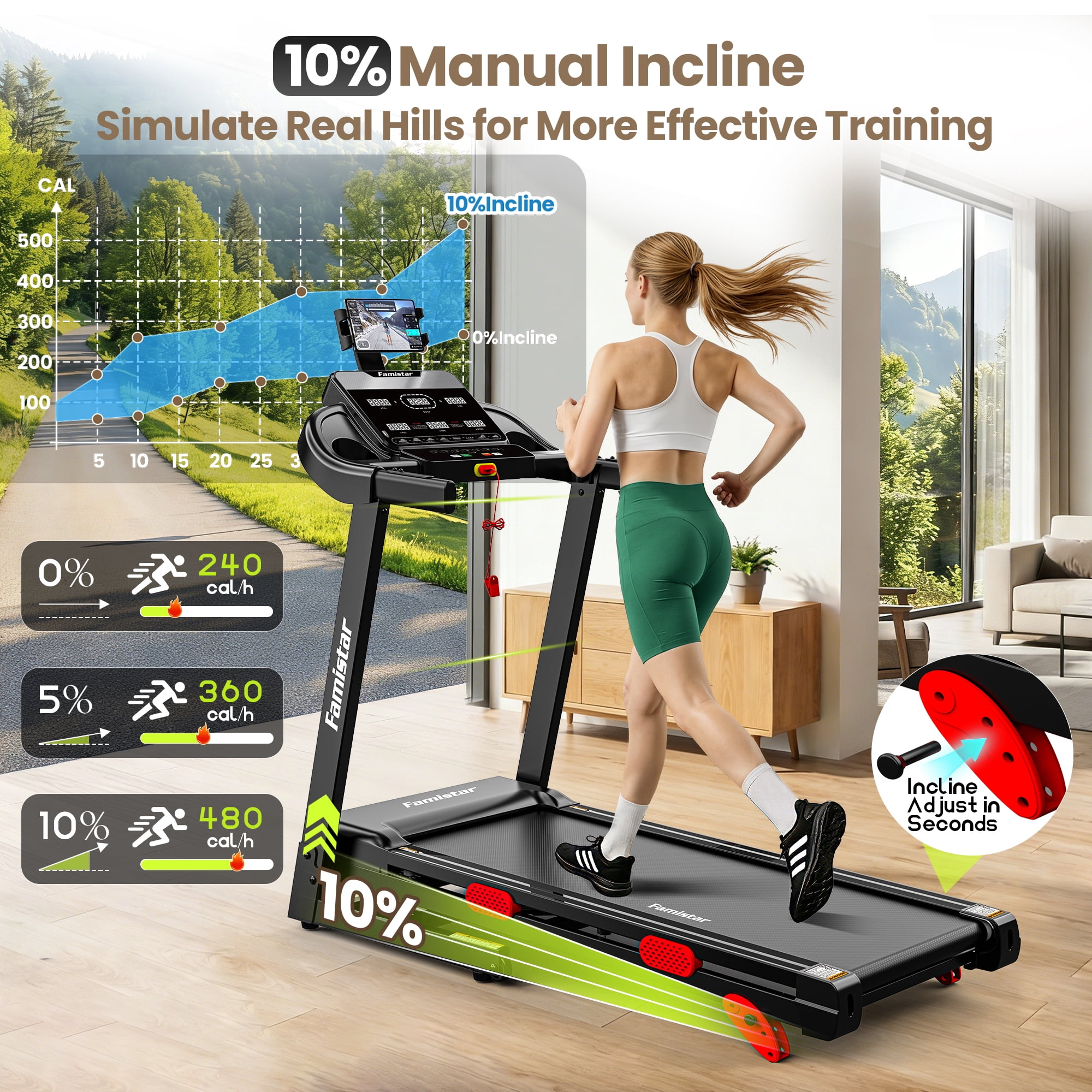 Treadmill 300 LB Capacity for Home with Incline, Folding Electric Running Walking Treadmill, Portable Treadmill for Home Use, 9 MPH, Smart Apps, 96+9 Programs, Bluetooth Speakers