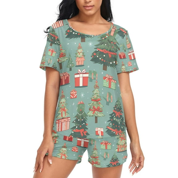 joogoo Women's Pajama Set Christmas Trees and Gifts Short Sleepwear Loungewear with Pockets M