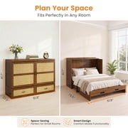 Puremind Queen Size Rattan Murphy Bed with Mattress, Hideaway Cabinet Bed with Charging Port and Storage Drawer for Home/Office, Black Walnut