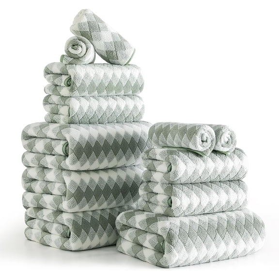 12 Pcs Green White Diamond Towel Set-4 Bath Towels,4 Hand Towels,4 Washcloths Soft Polyester Towels with Loop Absorbent Shower Towel Quick Dry Beach Chair Towel Family Towels for Bathroom