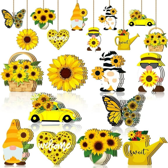 30pcs Sunflower Gnome Ornaments for Tree, Sunflower Wood Hanging Ornaments Gnome Christmas Ornaments Party Supplies