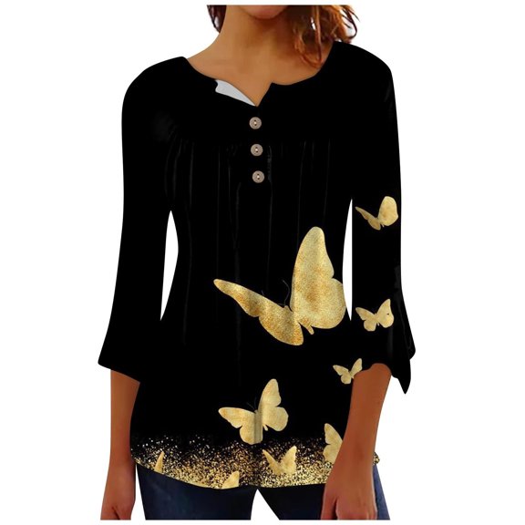 Dyegold Fall Shirts For Women 2023 3/4 Sleeve Pleated Front V Neck Button Down Tops Tunics Vintage Floral Printed Blouses