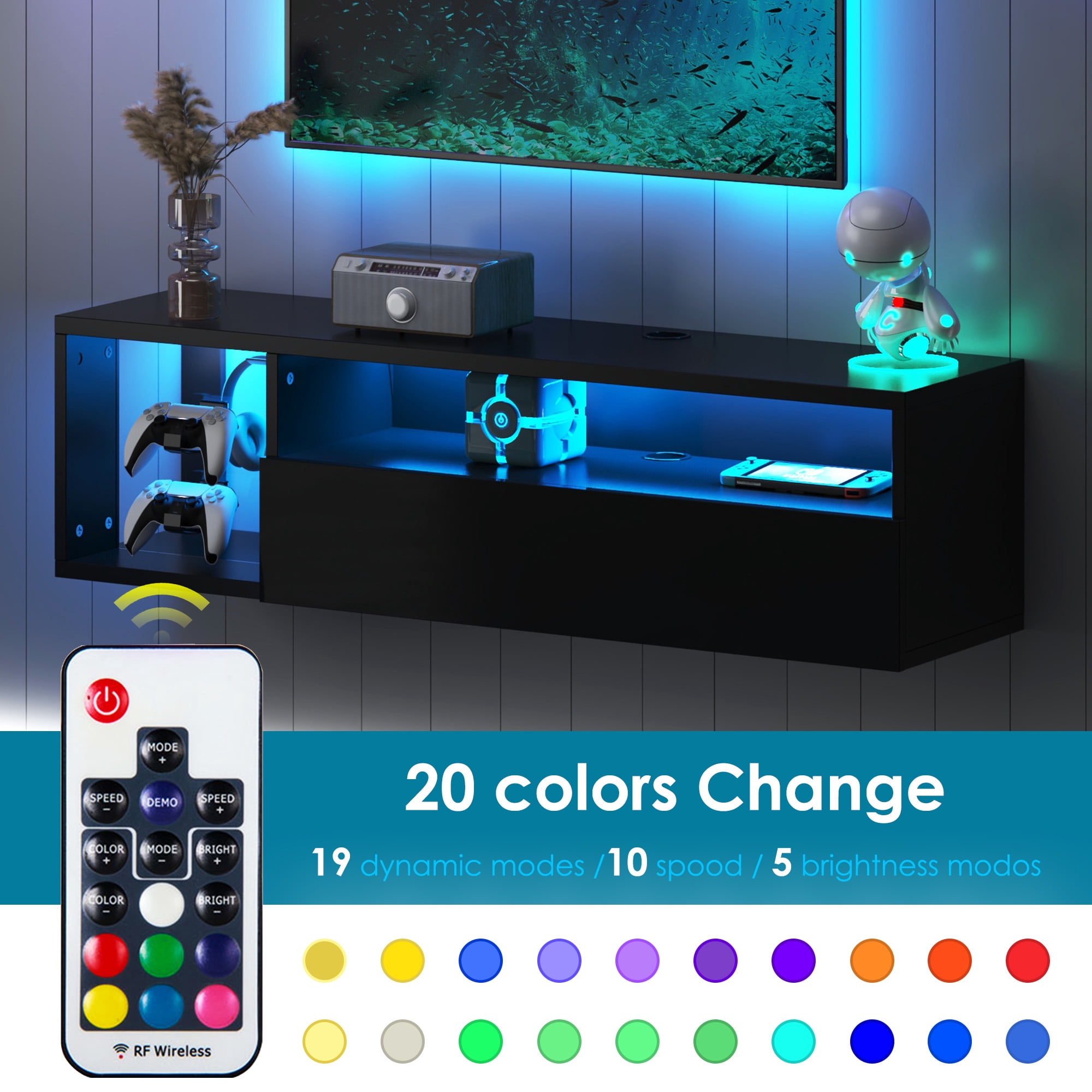 SogesPower 39.3 inches Length Floating TV Stand with Lights,Floating Entertainment Center, Suitable for Maximum Screen Size of 65 Inches,Black