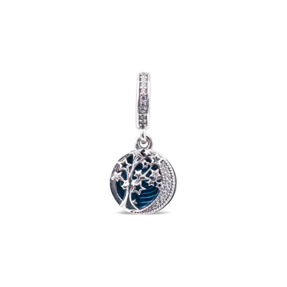 Pandora Sterling Silver and Blue Double Dangle Tree & Galaxy Moon Charm