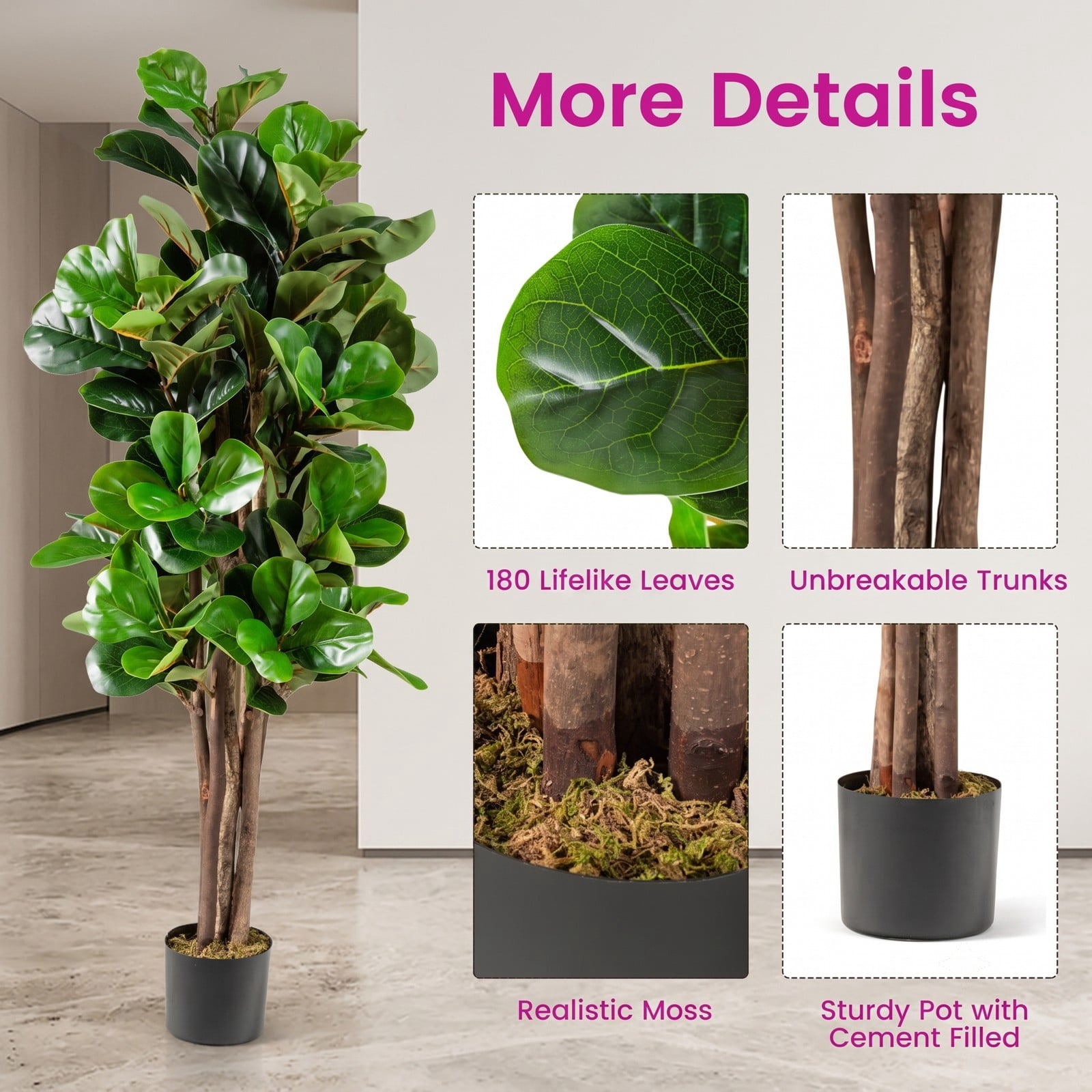 ALPULON 5 FT Artificial Fiddle Leaf Fig Tree, Faux Fig Plant with 180 Leaves and Plastic Planter Pot for Home Office Living Room Indoor Outdoor Decor, Green