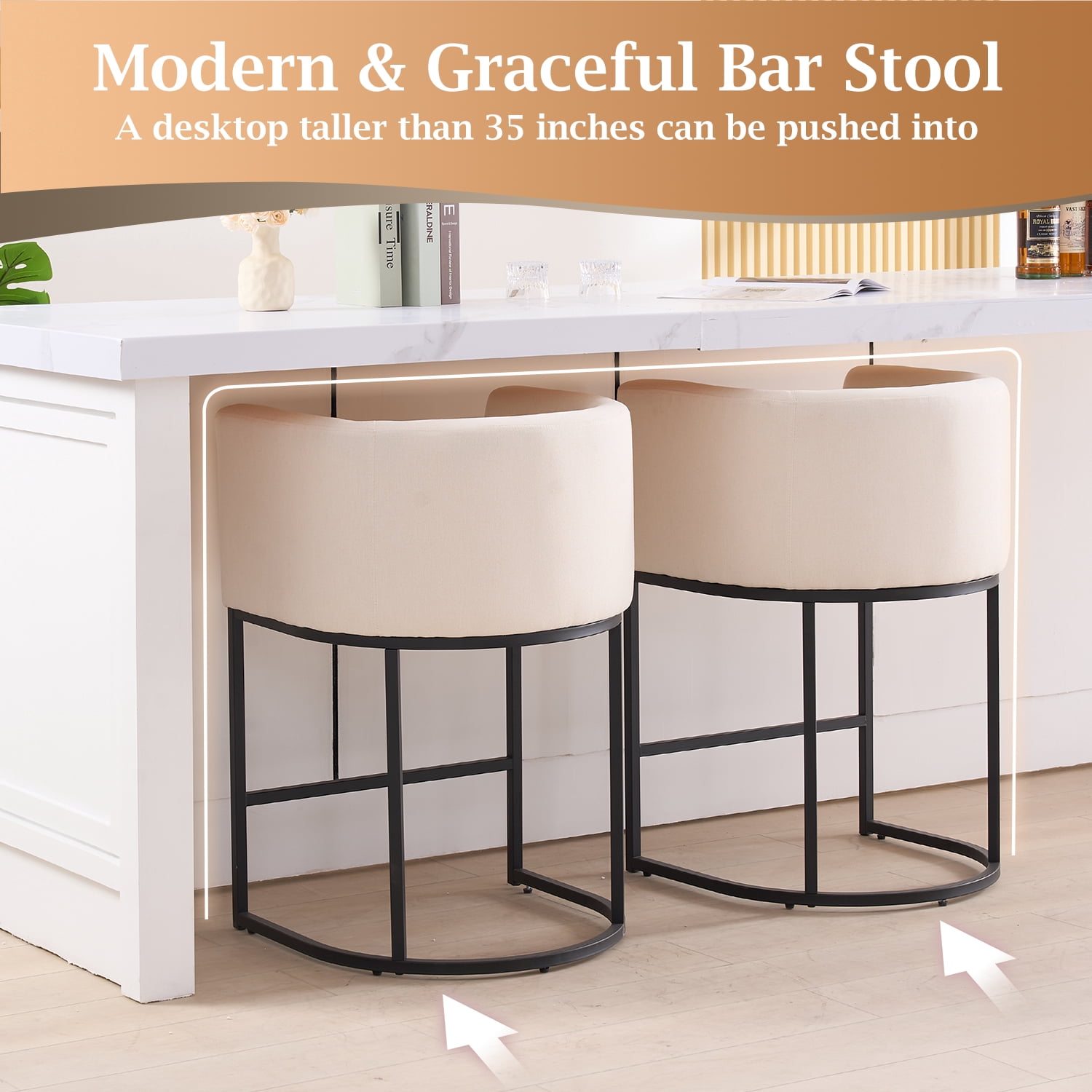 FANCROU 26" H Counter Height Bar Stools Set of 1, Fabric Barrel Stools with Back and Arms, Linen-Black Leg