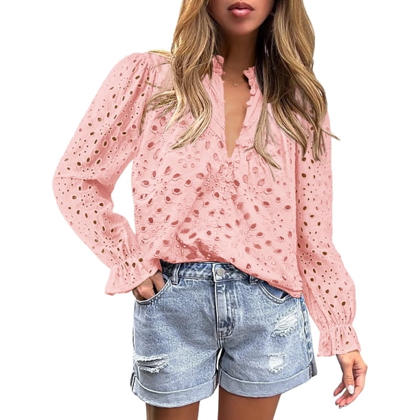 BLUSA PRETTYGARDEN Mujer Manga Abullonada de Encaje Cuello en V Rosa S