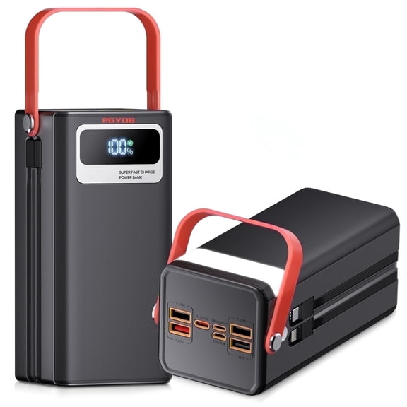PGYOB Portable Charger Power Bank 50000mAh with Built-in Cables, Super Fast Charging & Solar Input, for Laptop,iPhone,Android, Home, Camping, Emergency