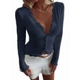 thumbnail image 3 of Womens Cardigan Sweaters Lace Ruffle Trim V Neck Long Sleeve Button Front Ribbed Knit Cute Fitted Crop Tops Navy Blue M, 3 of 9