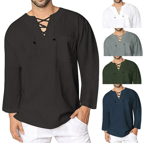 Utoimkio Men's Linen Shirts Casual Lightweight Loose Long Sleeve V Neck Pullover Blouse Summer Solid Beach Shirts Pullover Tops for Men