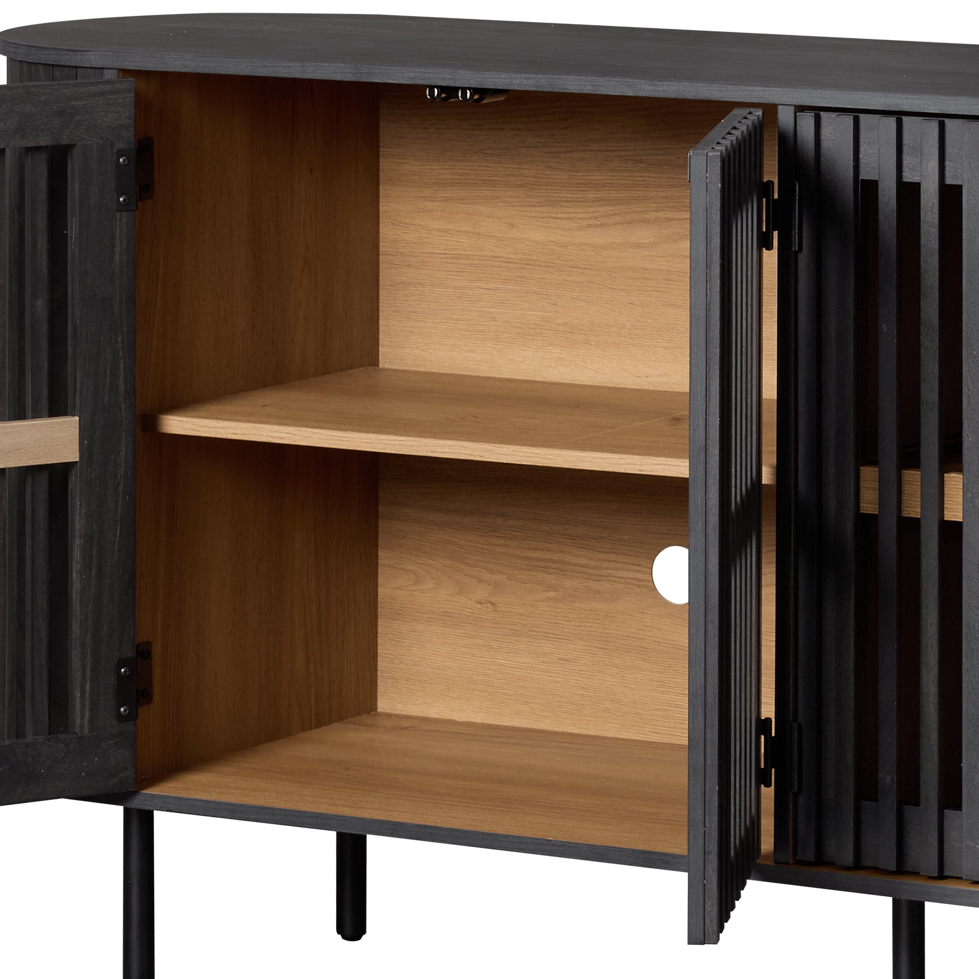 WAMPAT Fluted TV Stand for 75 Inch TV, Modern Entertainment Center with Storage, Wooden Media Console with Pop-up Doors for Livingroom, Bedroom, Black