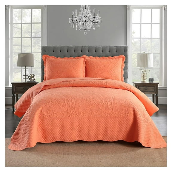 3-Piece 100% Cotton Oversized Bedspread Set Coverlet Set Lightweight Quilt Set Embroidery Farmhouse Bedding Set T0 (Salmon, King (118"x106"))