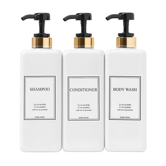 Modern Gold Design Large 27 oz Empty Plastic Refillable Pump Bottle Set, Shampoo Conditioner Dispensers for Bathroom Shower Sink, Soap Lotion Organizer, Set of 3, Black