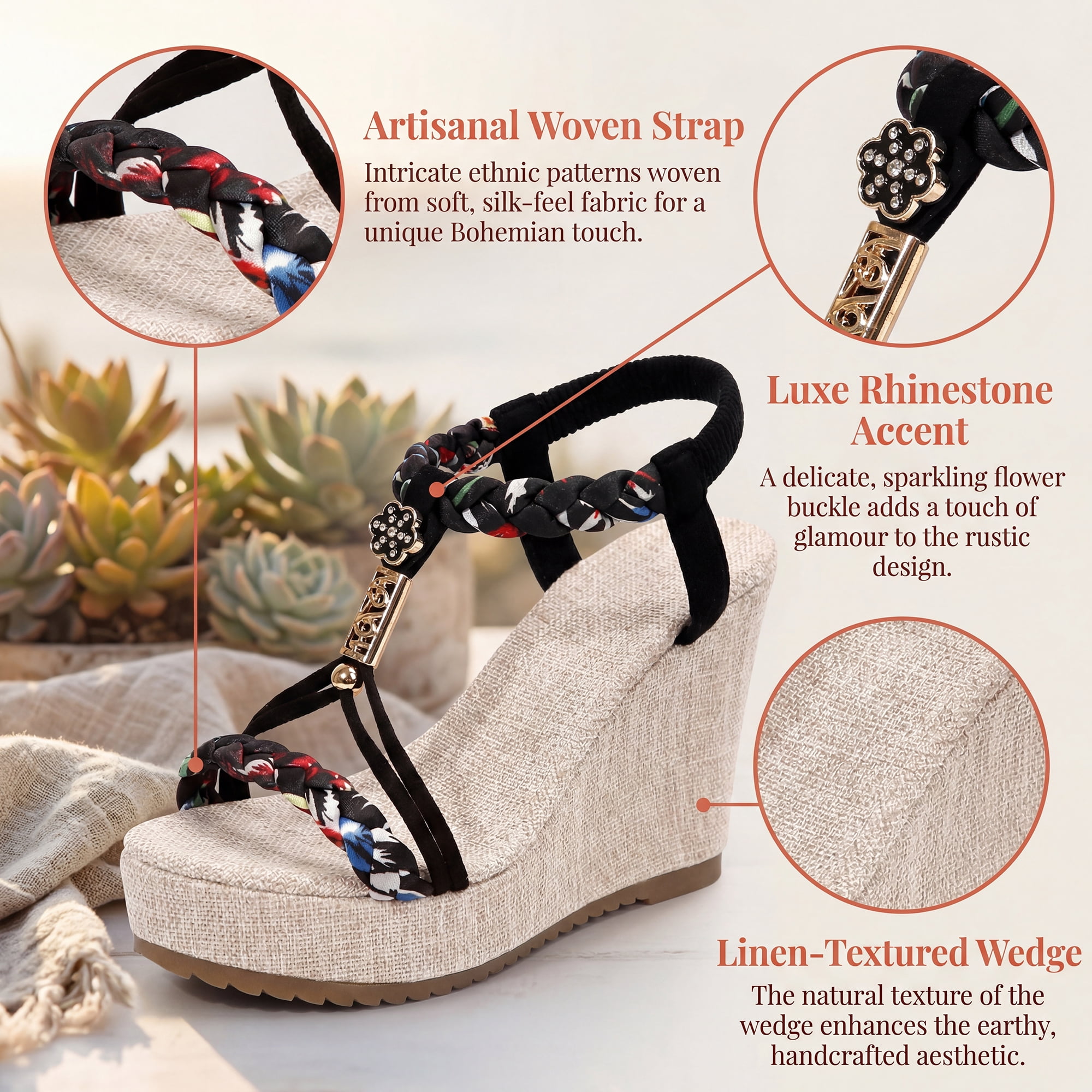 DARING DIVA Women's Stylish Bohemia Pull on Platform Wedge Heel Sandals Black-1 9.5
