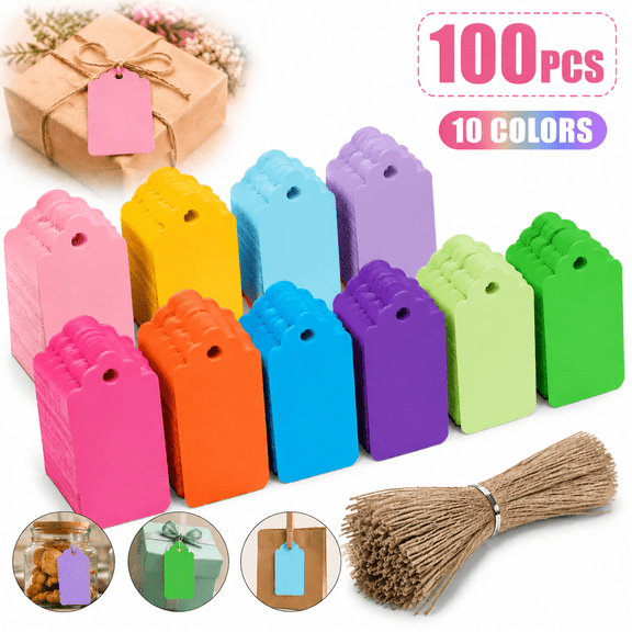 Emlimny 100 PCS Gift Tags with String Attached, 1.7x2.8 inch Colored Gift Tags for Presents DIY Crafts Clothes Holiday Wedding Party Favors