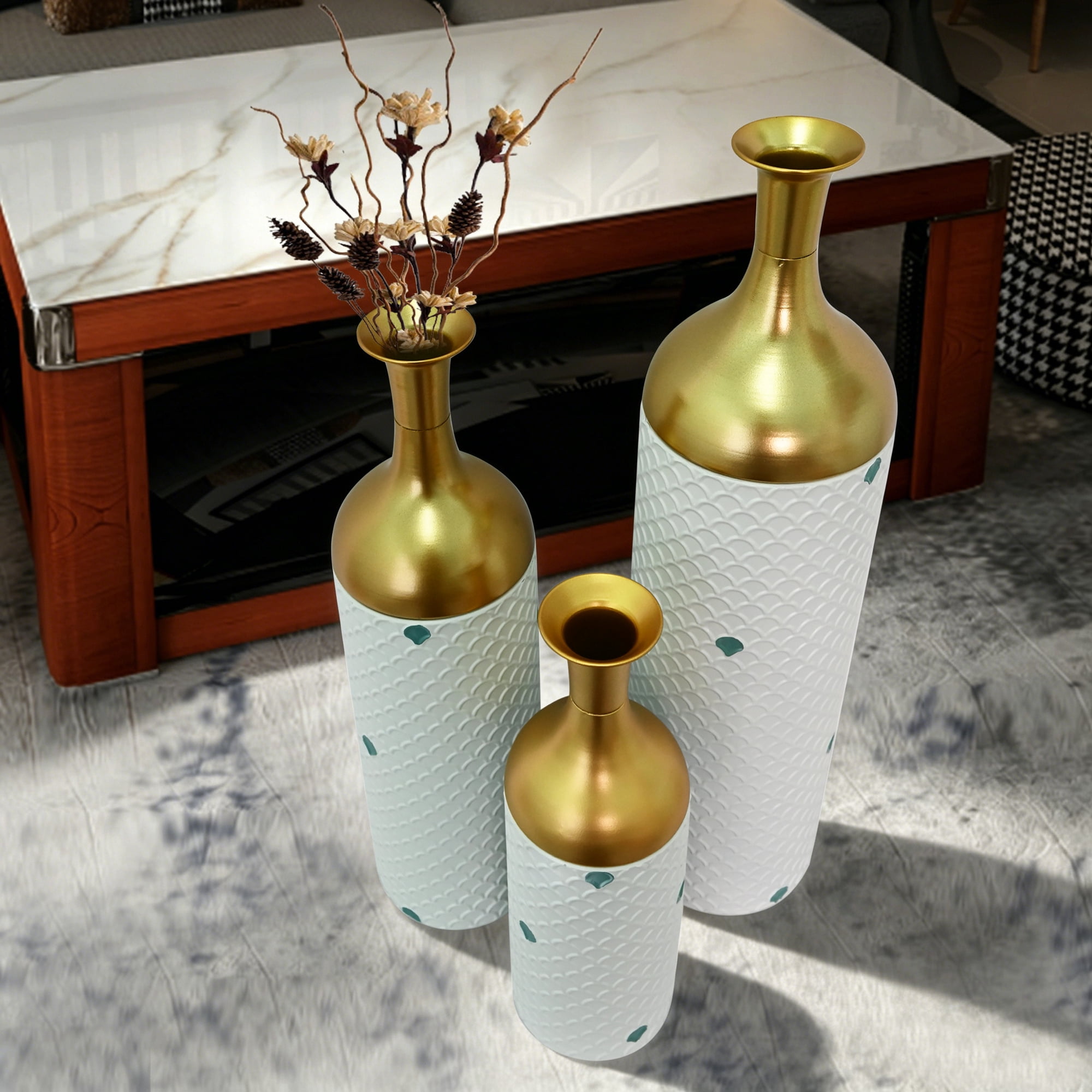 Leumius Decorative Metal Vases Set of 3, Gold Leaf Pattern Floor Vases, White & Gold Tall Vases for Home Decor, Living Room Entryway Decor