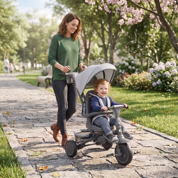 Qaba 6 in 1 Kids Tricycle with Adjustable Push Handle, Foldable Bike Stroller with Removable Canopy, Reversible Seat, for 1-5 Years, Gray