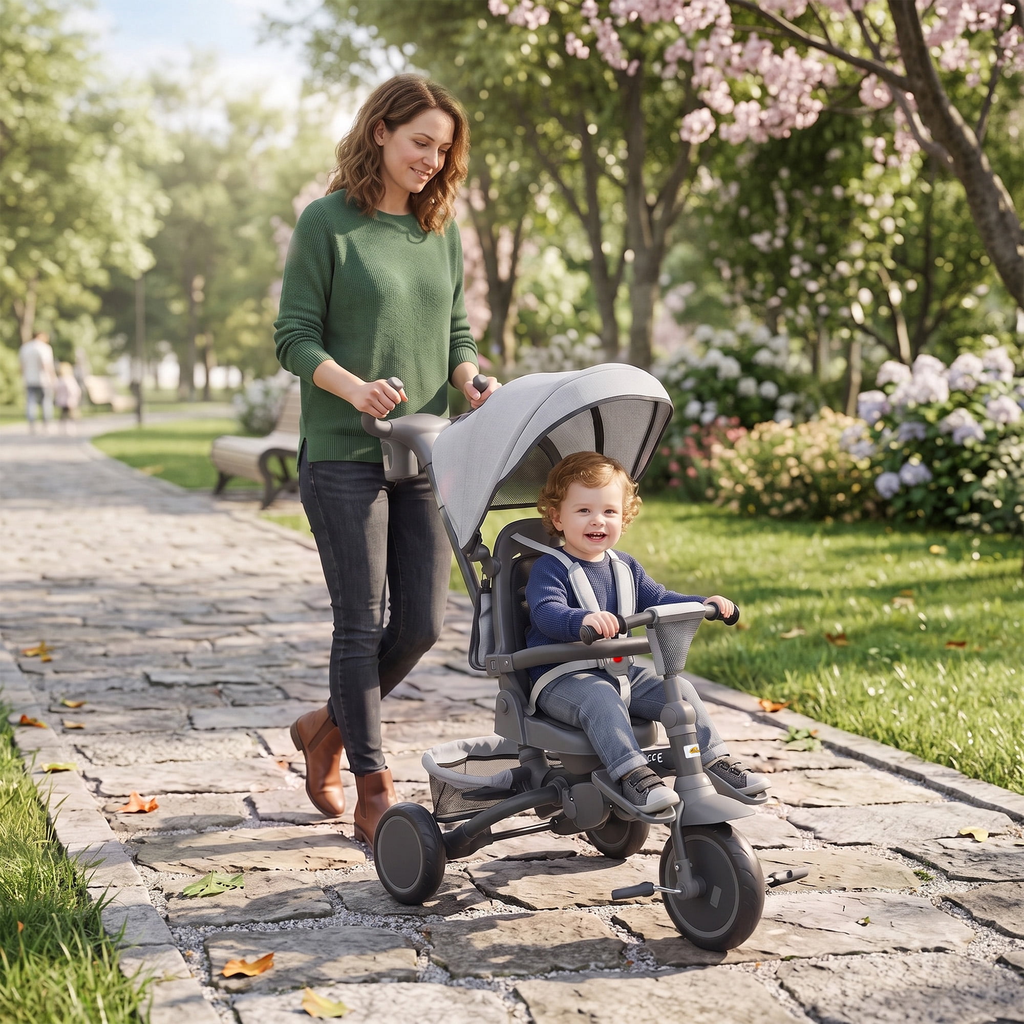 Qaba 6 in 1 Kids Tricycle with Adjustable Push Handle, Foldable Bike Stroller with Removable Canopy, Reversible Seat, for 1-5 Years, Gray