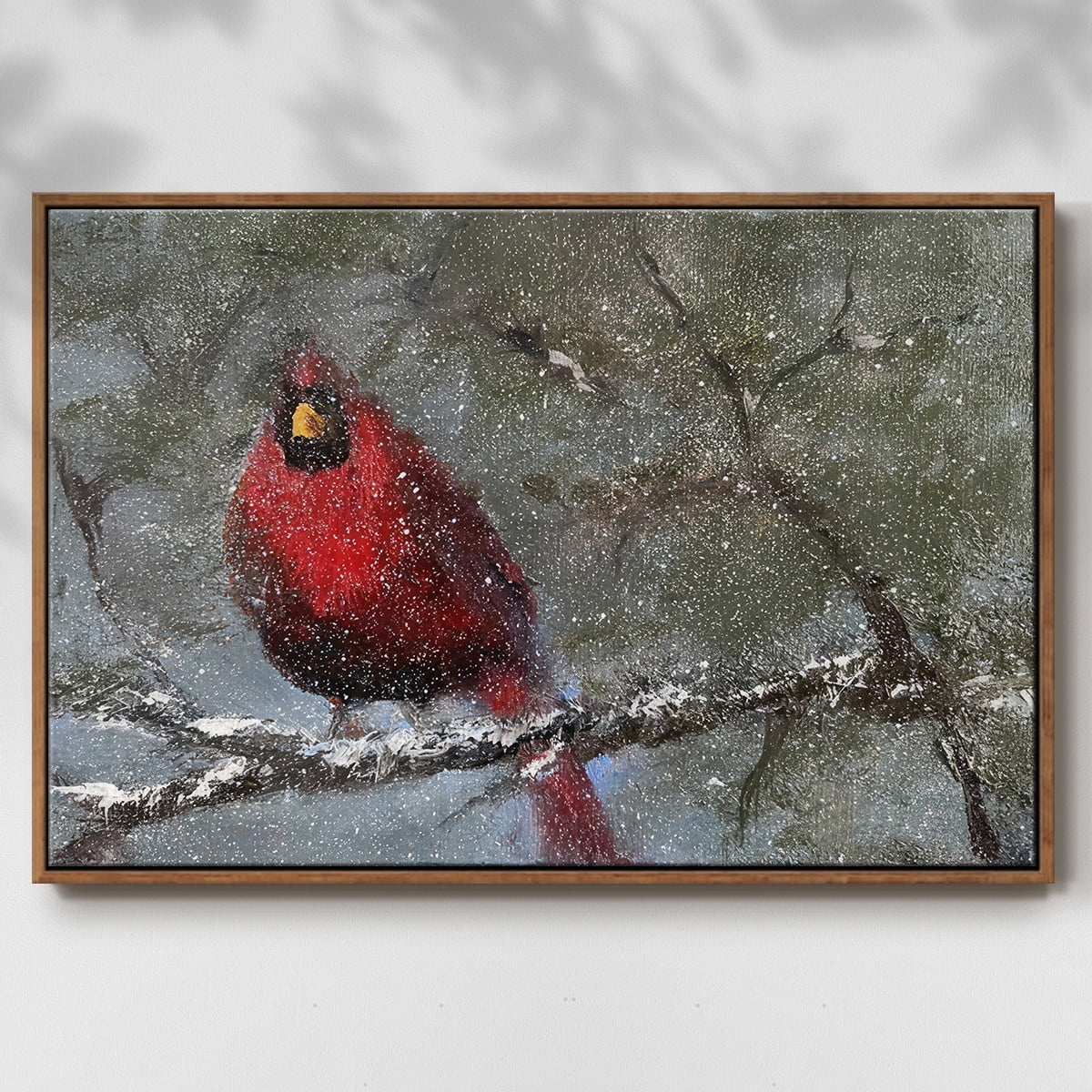 Cardinal in Snow I - Framed Gallery Wrapped Holiday Canvas - 17 x 25 - Rosewood Frame