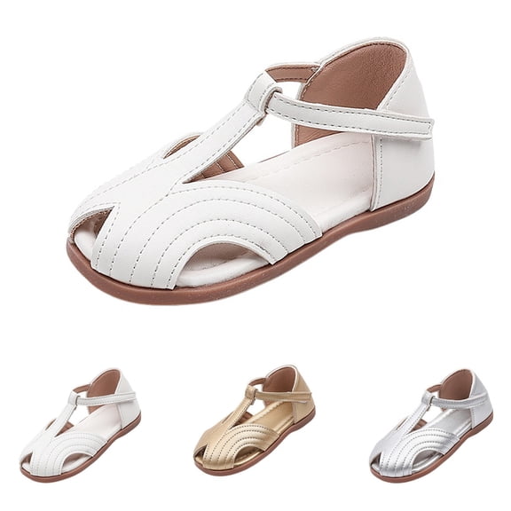 XIMIN Toddler Girls Closed-Toe Sandals with Adjustable T-Strap Breathable Cutout Design Non-Slip Sole Summer Shoes for Kids Casual Wear (White, 18-24 Months)