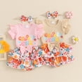 thumbnail image 3 of Gupgi Baby Girl 2 Piece Summer Set, Round Neck Short Sleeve Ribbed Romper Ruffles Floral Shorts Bow Headband Infant Outfits, 3 of 9