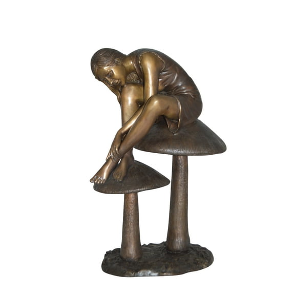 Girl sitting on Mushrooms Bronze Statue -  Size: 13"L x 11"W x 18"H.