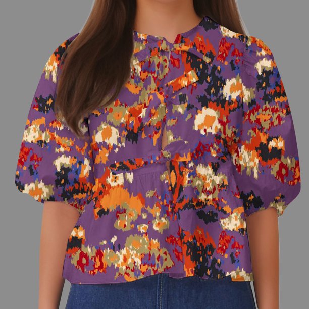 Fiudx Camisas de Mujer Top de Camiseta con Cuello Redondo y Manga Farol Plisada con Lazo para Mujer